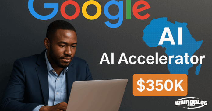 Young African startup founders collaborating on AI innovation with digital overlays symbolizing cloud technology, representing Google’s 2025 AI Accelerator Program in Africa.