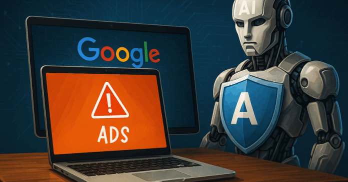 Google AI detecting and blocking scam ads in 2024 with shield protection