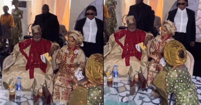 Priscilla Ojo and Juma Jux at their traditional wedding in Lagos with Iyabo Ojo and her ex-husband in matching Yoruba attire.