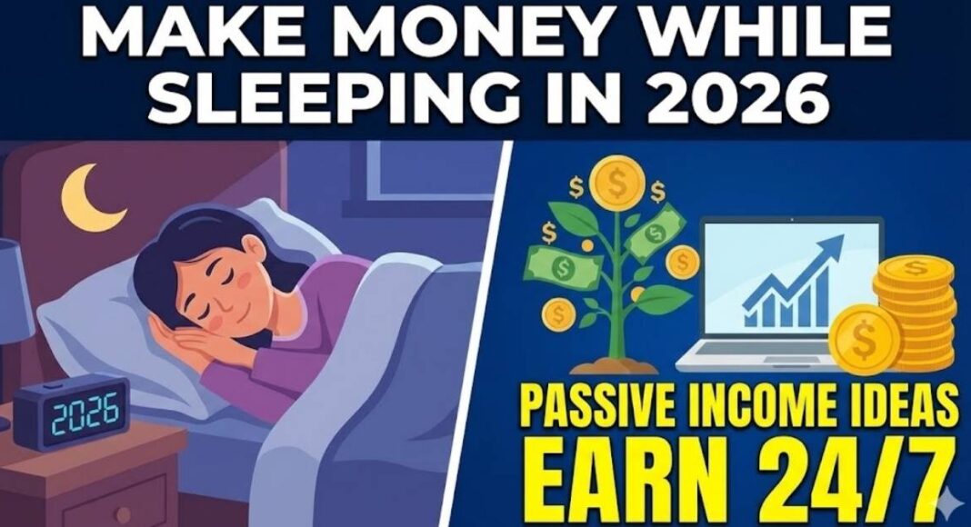 Guide on how to make money while sleeping in 2026, showcasing passive income strategies and online earning methods.