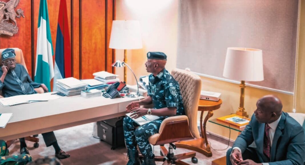 President Bola Tinubu addressing security chiefs after ordering withdrawal of police from VIP protection in Nigeria.