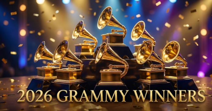 Kendrick Lamar, Bad Bunny, and other winners on stage at the 2026 Grammy Awards in Los Angeles.